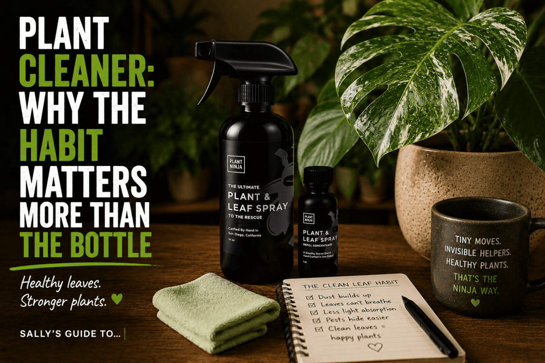 Plant Ninja plant cleaner spray beside clean houseplant leaves and a microfiber cloth, with bold text reading 'Plant Cleaner: Why the Habit Matters More Than the Bottle' in a warm indoor plant care setting.