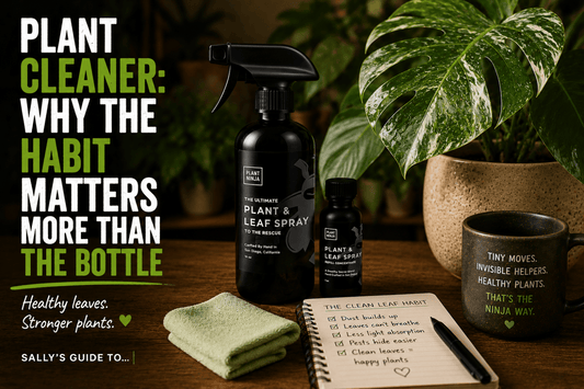 Plant Ninja plant cleaner spray beside clean houseplant leaves and a microfiber cloth, with bold text reading 'Plant Cleaner: Why the Habit Matters More Than the Bottle' in a warm indoor plant care setting.