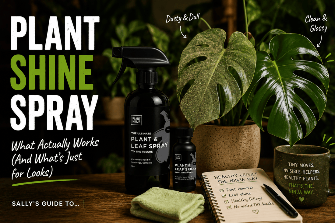 Plant Ninja plant and leaf spray beside glossy tropical leaves with bold text reading “Plant Shine Spray: What Actually Works (And What's Just for Looks)” in a warm indoor plant care scene. 🌿✨
