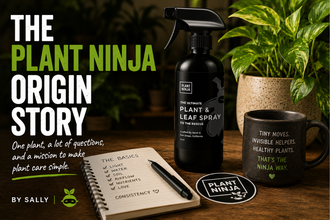 Plant Ninja plant and leaf spray bottle beside houseplants and a notebook, with bold text reading ‘The Plant Ninja Origin Story’ in a warm indoor plant care scene.