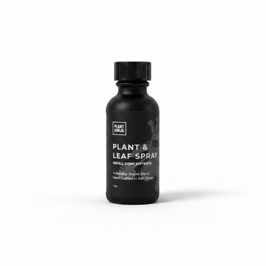 Black bottle of plant and leaf spray on a white background