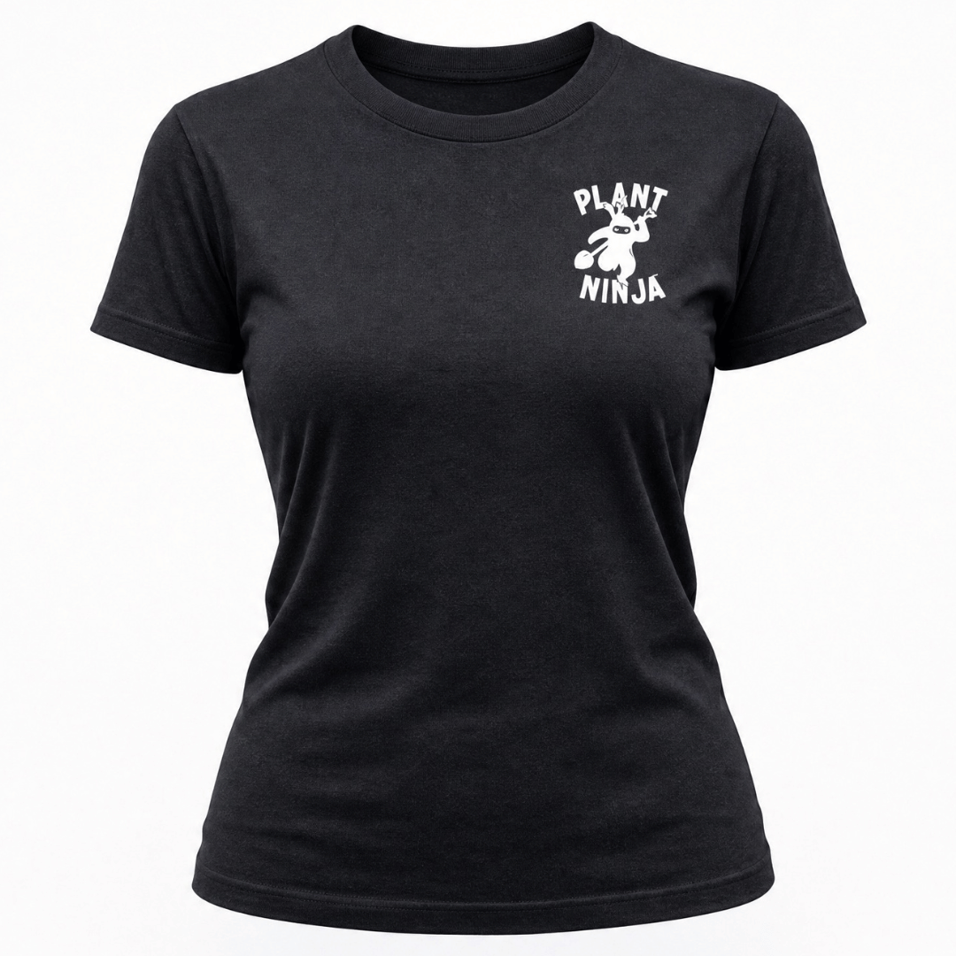Black t-shirt with 'Plant Ninja' graphic on a white background