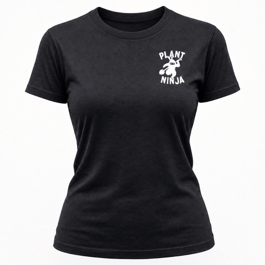 Black t-shirt with 'Plant Ninja' graphic on a white background
